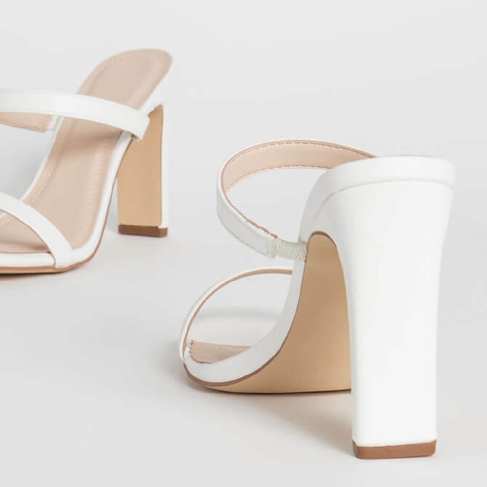 NEW🔥 White Square Open Toe Dual Strap Slide Mules Sandals High Heel Slip-On - Picture 5 of 5